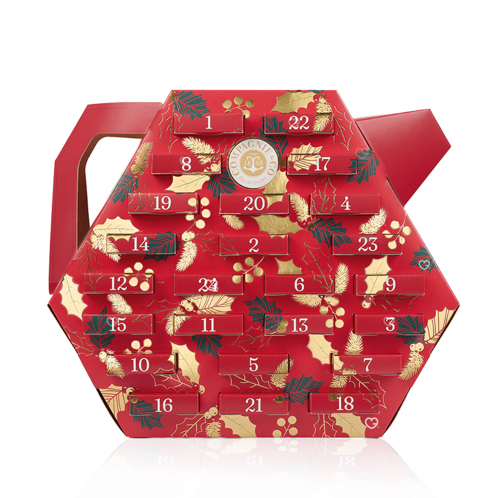 Calendrier de l’Avent Compagnie & Co 2025 contenant 25 thés et infusions variés, idéal pour amateurs de thé en quête de détente et bien-être au déjeuner ou gouter.