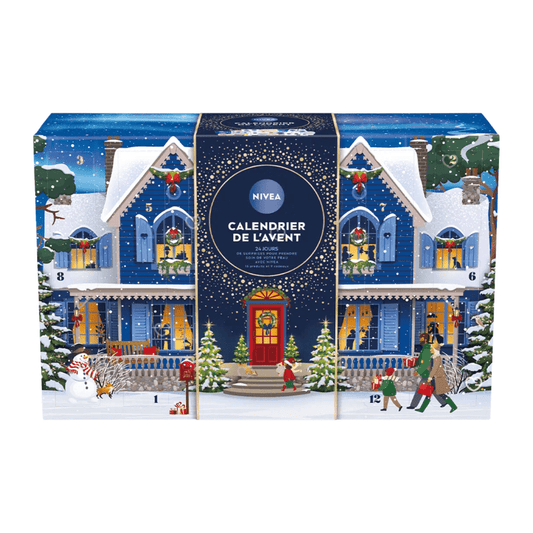 Calendrier de l’Avent Nivea 2025 avec 24 surprises beauté, soins visage, corps et lèvres, accessoires cocooning pour femmes.