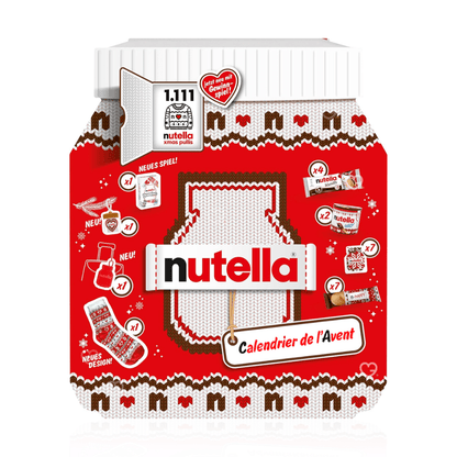 coffret gourmand forme pot de nutella décor pull de noel calendrier de l'avent nutella 2025 remplit de friandises chocolat, mini-pots et accessoires