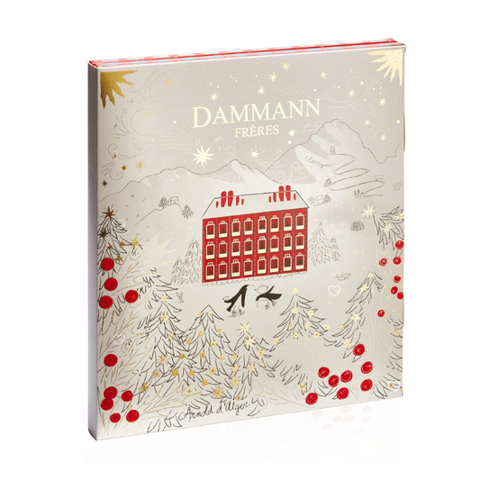 Calendrier de l’Avent Dammann Frères 2025 offrant 25 sachets de thé Cristal®, 24 recettes parfumées et créations festives pour amateurs de thé.