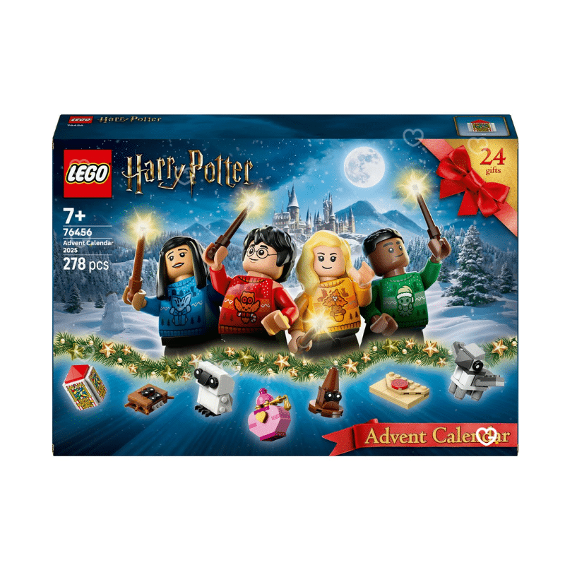 Le calendrier de l’Avent Lego Harry Potter 2025 (76456) avec 24 construction LEGO pour enfant. petites créations à assembler, inspirées des lieux et personnages emblématiques de Poudlard. Le visuel montre la boîte colorée ornée d’éléments festifs et de références magiques reconnaissables par les fans.