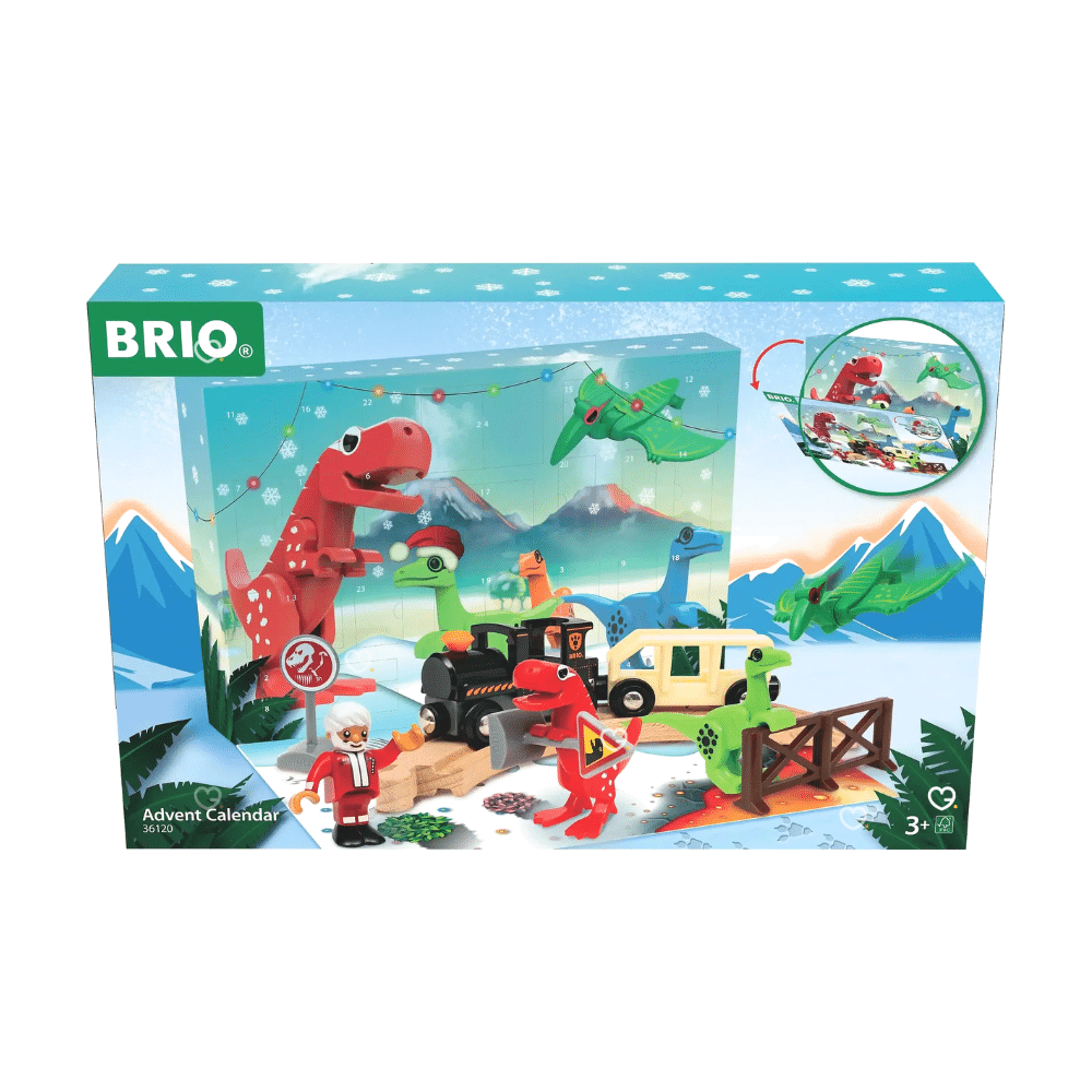 Calendrier de l’Avent BRIO World 2025 (36120) avec 24 jouets trains et dinosaures, figurine Père Noël, locomotive et wagon pour enfant.