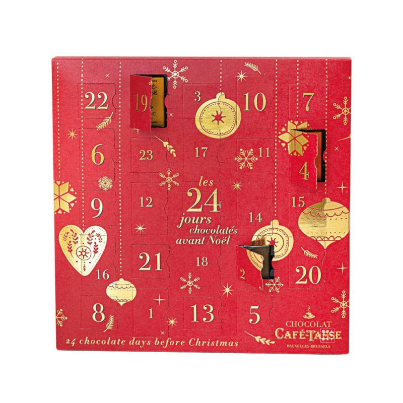 coffret rouge et or Calendrier de l'avent chocolat 2023 Café-Tasse avec 24 chocolats assortis (napolitains et minitablettes)