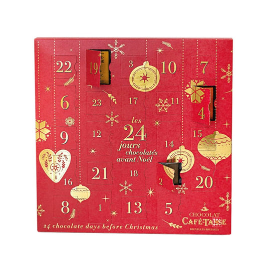 coffret rouge et or Calendrier de l'avent chocolat 2023 Café-Tasse avec 24 chocolats assortis (napolitains et minitablettes)
