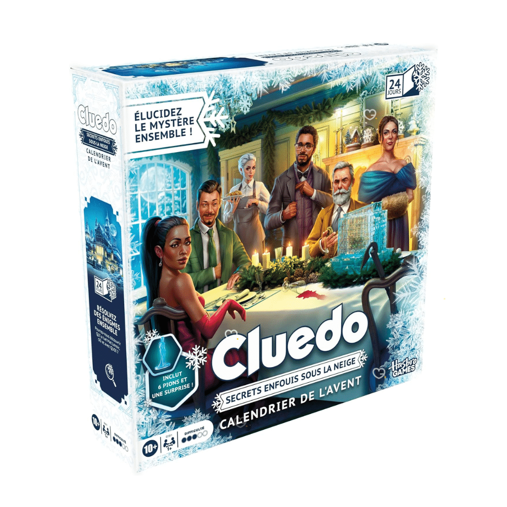 Calendrier de l’Avent Cluedo 2025 avec 24 jours de jeu, 22 énigmes, indices et pions, idéal pour familles et fans de jeux d’enquête.