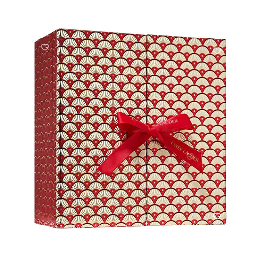 coffret beauté luxe rouge et or calendrier de l'avent estee lauder 2024 contenant 24 produits maquillage soin visage parfum