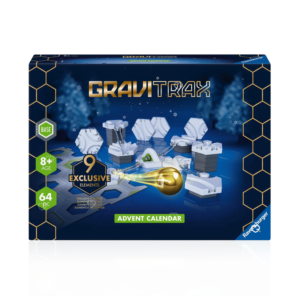 Calendrier de l’Avent Gravitrax 2025 Ravensburger avec 64 pièces dont une bille dorée et virages spéciaux, idéal pour enfants créatifs 8-12 ans.