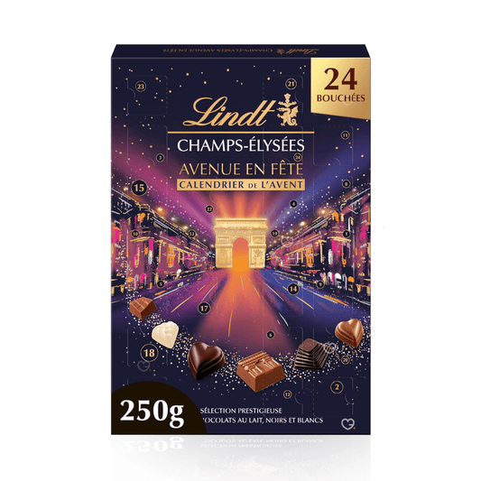 Calendrier de l'avent Lindt Champs Elysees contenant 24 chocolats : chocolat lait, chocolat blanc et chocolat noir pour gourmand