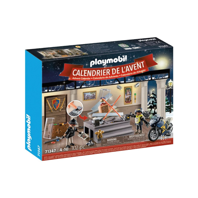 coffret jouet enfant calendrier de l'Avent Playmobil représentant des scènes de police au musée avec moto et accessoires