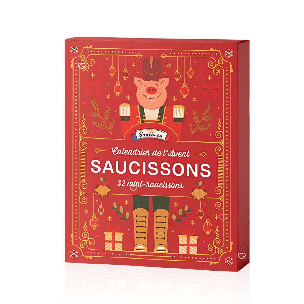 Calendrier de l’Avent Saucisson 2025 avec 32 mini saucisson de 10 saveurs artisanales variées, idée cadeau festive pour adulte et couple gourmand.